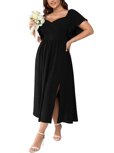 SCOMCHIC Women Plus Size Dresses Short Sleeve Sweetheart Neckline Wedding Guest Cocktail Smocked A Line Slit Maxi Dress