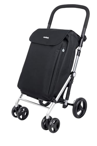 Carlett Carro de Compra 4 Ruedas Plegable, Bolsa Extraíble de Gran Capacidad 58L/32Kg y Bolsa Isotérmica 12L, Manillar Regulable, Freno de Seguridad, Convertible a 2 Ruedas, Lite Family, Color Negro