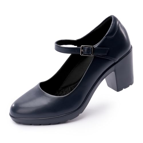 Image of Cusolemore Navy Blue Heels with Arch Support, Mary Jane Shoes, Comfortable Pumps with Chunky Heel, Block Heel Dress Shoes Size 8.5