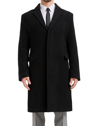 Image of Mens Black Wool Winter Overcoat - Cashmere Blend Bond Topcoat, Single Breasted Formal Dress Coat