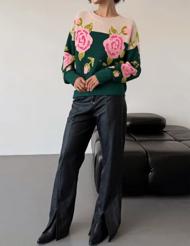 ZESICA Women's Floral Oversized Sweaters 2025 Fall Crewneck Long Sleeve Casual Chunky Knit Pullover Sweater Tops 5