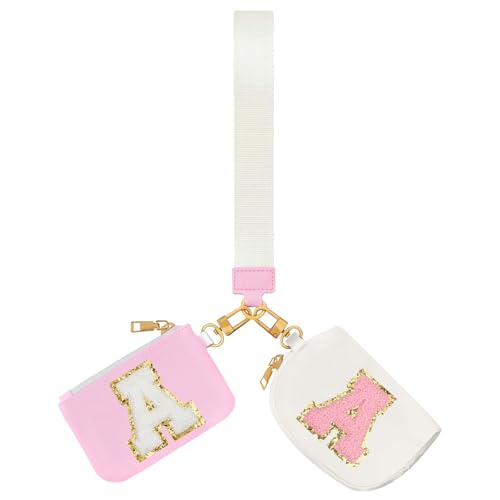 Birthday Gifts for Girls, Teen Girl Gifts Trendy Stuff,Initial Wristlet Wallets for Women, dual Pouch Wristlet Cute Stuff for Girls Women Teen Gift mini coin purse (A, Pink+Beige)