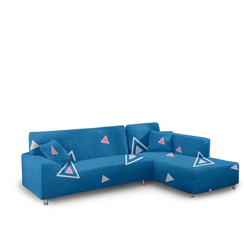 Image of Amazon Brand - Solimo L-Shaped Sofa Printed Slipcover | 2 Pieces Elastic Sofa Cover | High Density Stretch Fabric | Universal Fit (Blue)