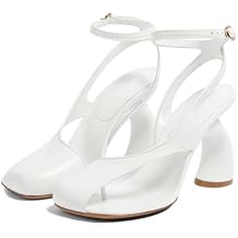 Vertundy Womens Flip Flop Heels High Heeled Sandals Leather Chunky Square Toe Adjustable Ankle Strap Buckle Thong Heeled Sandals