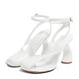 Vertundy Women's Flip Flop Heels High Heeled Sandals Leather Chunky Square Toe Adjustable Ankle Strap Buckle Dress Fashion Party Thong Heeled White Sandals