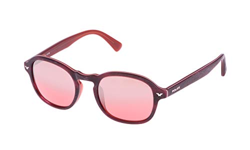 Police - Occhiali Da Sole S1951 Master 1 Rotondi, Matt Burgundy Wood Effect & Dark Orange Frame/Light Red/Silver Mirror Lens