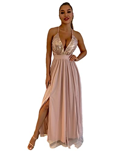 Robe sexy à bretelles champagne col en V fente latérale pour soirée chic et cocktail