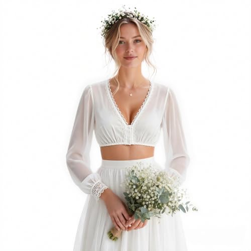 NaLatia Dirndl Bluse Damen Langarm - Dirndlbluse Weiß Puffärmel V Ausschnitt Dirndlblusen für Damen Transparent Schlicht Trachtenbluse für Karneval Bierfest Oktoberfest