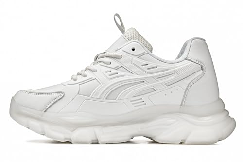 CALTO Men's Invisible Height Increasing Elevator Shoes - White/Translucent White Sole Chunky Sole Lace-up Sporty Sneakers - 2.6 Inches Taller - S5285 - Size 12 D(M) US3