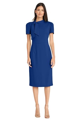 Maggy London Women's Midi Short Sleeve Sheath with Neck Tie Career Office Work Wear, Surf The Web