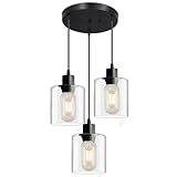 ROCUNSI 3-Light Pendant Light Fixtures,Farmhouse Pendant Lights Kitchen Island,Black Kitchen Pendant Lighting, Hanging Lights for Dining Room, Hallway, E26 Base,Clear Glass Shade