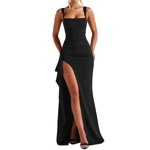 Women Formal Dresses Sleeveless Bodycon Ruched High Slit Sexy Maxi Dress Cocktail Prom