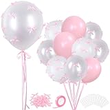 Pink Bow Balloons, 32Pcs 18' 12' Pink Balloons & 100Pcs Mini Pink Ribbon Bows, DIY Bow Balloons for Bow Birthday Baby Shower Decorations, Tying The Knot Bridal Shower Bachelorette Decor