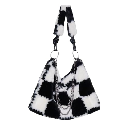 Fluffy Shoulder Bag Plaid Plush Underarm Bag Y2K Fuzzy Chain Crossbody Bag for Women Winter
