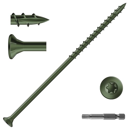 Image of #14 x 6 Inch Deck Screws (23Pcs) 1lb. Exterior Wood Screws. Carbon Steel, Green, Flat Head, Rust Resistant epoxy Coated, with T30 Star Bit