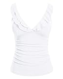 Yonique Women's Tankini Top Only Tummy Control Bathing Suit Top Ruffle Swimsuit Top V Neck Swim Tank Top No Bottom White L