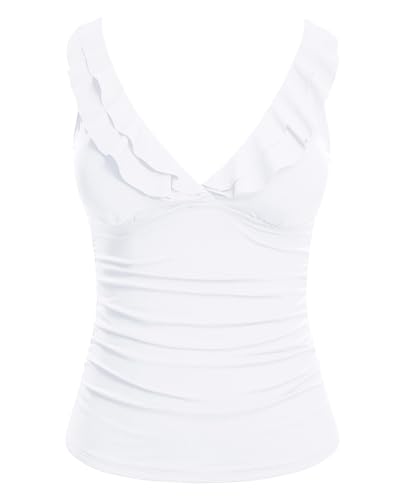 Image of Ruffle V Neck Tankini Top Only Women Tummy Control Swimsuit Tank Top | Removable cups for custom bust lift, Blend soft spandex to stretch easily