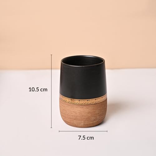 Image of Market99 Ceramic Bathroom Set of 4 in Matte Golden & Black with Elegant Wooden Elegance Design, Includes Soap Dispenser, Tumbler, Toothbrush Holder, and Soap Dish, Soap Dispenser 400 ML Capacity