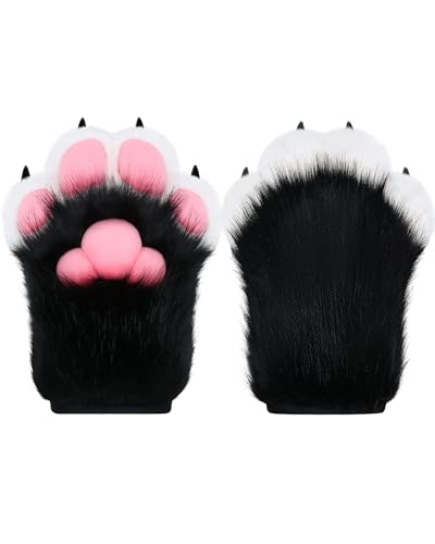 BNLIDES Cosplay Fursuit Paw Gloves Furry Claw Gloves Built-in Whistle Decompression Toys Costume Party Accessories for Adult (Black-White)