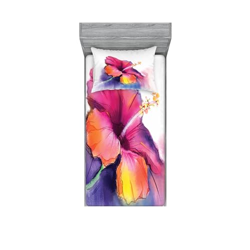 Ambesonne Flower Fitted Sheet & Pillow Sham Set, Hibiscus Flower in Pastel Abstract Colorful Romantic Petal Pattern Art Print, Decorative Printed 2 Piece Bedding Decor Set, Twinxl, Pink Violet