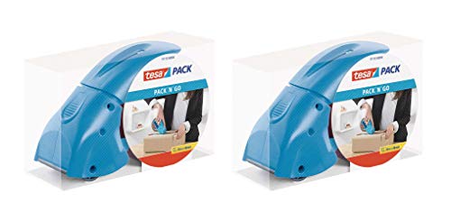 tesapack Abroller Pack' n' Go - Ergonomischer, blauer Handabroller für Paketbänder - Inklusive 50 m x 48 mm Klebeband (2 Abroller)