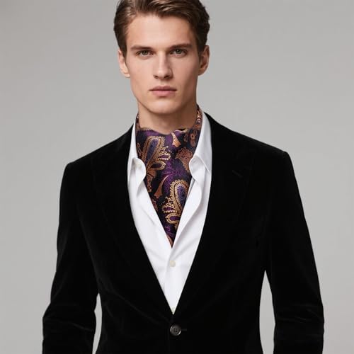 Image of Hi-Tie Silk Ascot for Men Self Tie Men's Cravat and Flower Lapel Pin Handkerchief Cufflinks Set for Wedding Party
