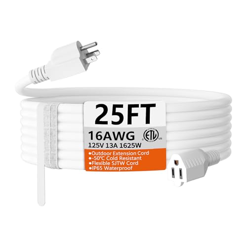 HUANCHAIN 25 FT 16 Gauge White Indoor Outdoor Extension Cord Waterproof Flexible Cold Weather 3 Prong Electric Cord Outside 13A 1625W 125V 16AWG SJTW ETL Listed