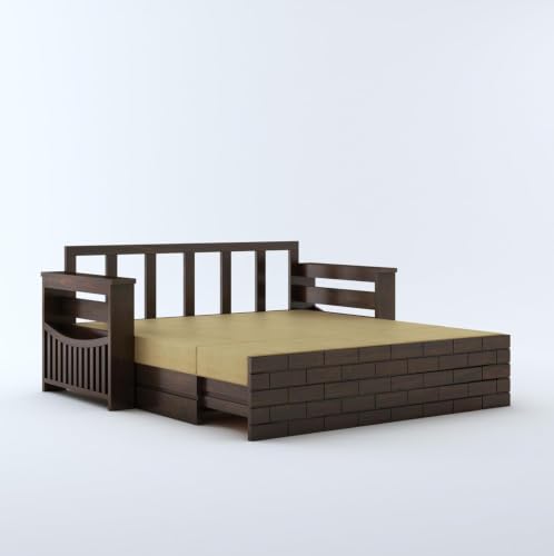 Image of MAMTA DECORATION Wooden Sofa Cum Bed for Living Room | Solid Sheesham Wood Convertible 3 Seater Diwan Sofa Bed with Pull-Out Storage Armrest | Folding Double Bed for Home & Guest Room | Walnut Finish