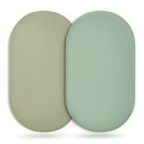 Image of GRSSDER Stretchy Ultra Soft Fitted Bassinet Sheet 2 Pack, Universal Fit for Bassinets Baby Cradle Moses Basket Oval Rectangle Mattress Safe and Snug, Jersey Bassinet Sheets for Girls, Green & Sage