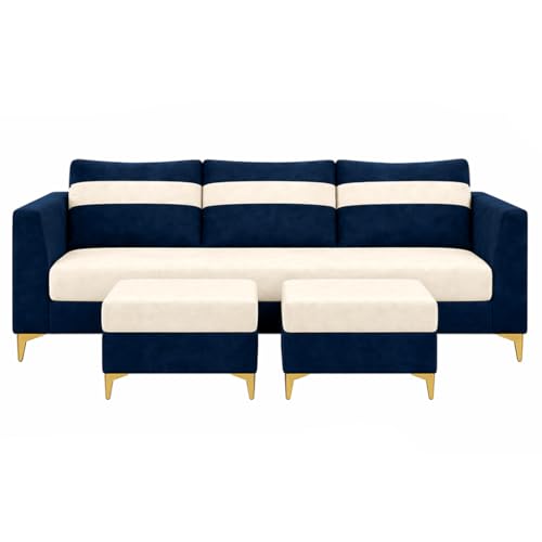 Image of FURNY Nova 5 Seater L Shape Sofa Set with 2 Movable Ottoman | Flexible Left or Right Layout | Plush Velvet Fabric (Dark Blue-Cream) | Perfect for Living Room, Guest Room & Office