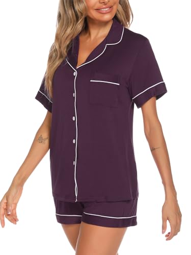 Image of Aamikast Button Up Pajama Set for Women Shorts Short Sleeve Knit Sleepwear 2 Pice Pjs Sets