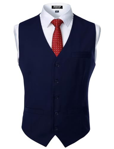 JEMITOP Men's Classic Slim Fit Dress Vest Formal Wedding Prom Business Tuxedo Suit Vest Waistcoat with Pocket Navy Blue L