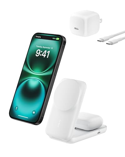 Belkin MagSafe Charger Compatible, 2-in-1 Charging Station, Qi2.2 25W Magnetic Wireless Charger Dock, Foldable Stand, with 5W USB-C Port, for iPhone 17/16/15, Pixel 10, AirPods (45W Adapter Included)
