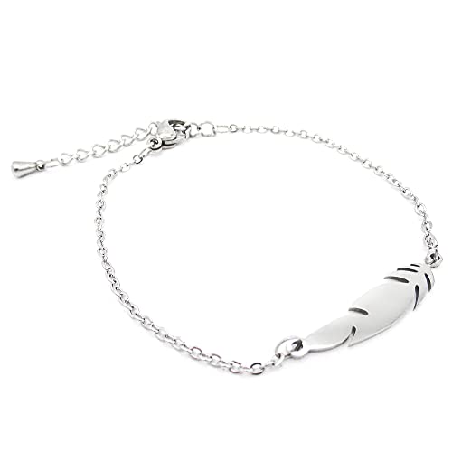 Bracelet argenté en forme de plume, entièrement résistant à l'eau, acier inoxydable, 20cm, chaînette d'extension de 3,5cm, fait main