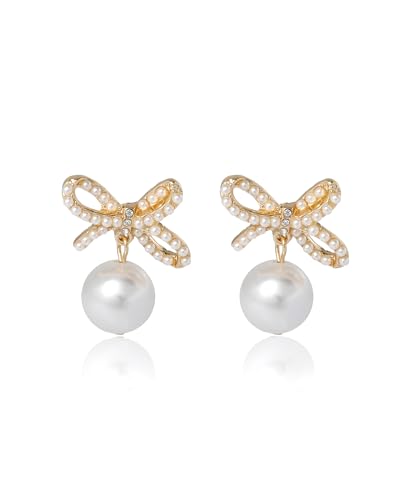 Image of BCBGeneration Bow Stud Earrings for Women with Dangling Pearl and Mini Crystals, Prom and Wedding Earrings