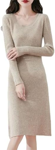 Women&#39;s Pure Wool Knitted mid-Length Skirt Fashionable Casual U-Neck Knitted Cashmere Wool Sweater Dress