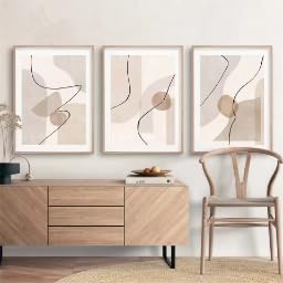 Decoración de pared: Cuadro abstracto estilo boho beige con imágenes geométricas sobre lienzo (60x90cm x 3/Sin marco)