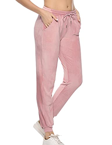 Aottori Pantalones Deportivos Mujer Terciopelo Joggers Cintura Alta con Cordón Pantalon Chandal Elastica Sweatpants con Bolsillos para Yoga Gym Rosa L