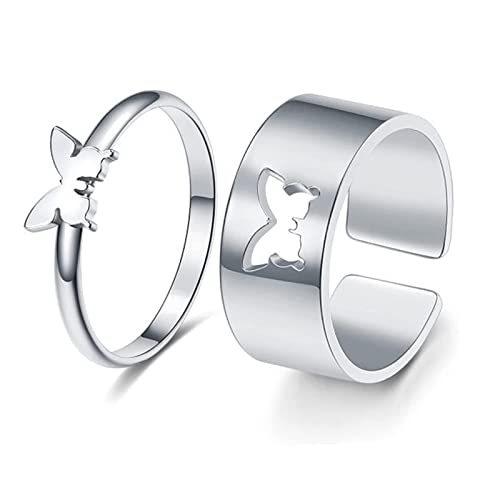 Yuemuop Par de Anillos con Mariposas, Conjunto de Anillo de Promesa de Mariposa, Anillo de Pareja de Mariposa Abierta para Mujeres Hombres Joyería Boda Aniversario (Plata)