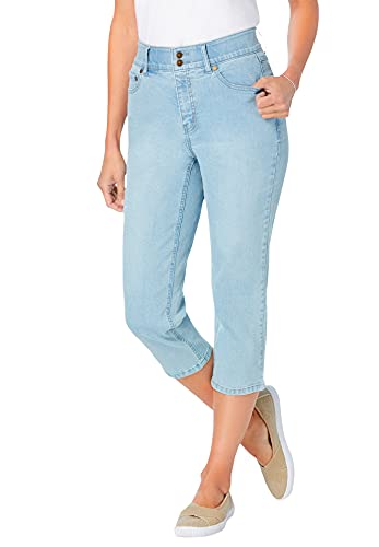 Woman Within Stretch Built-in Slimming Panel Capri Jeans Light Wash Sanded