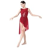 ODASDO Lyrical Dance Costumes for Women Ballet Leotards Asymmetrical Tulle Skirt One-piece Bodysuit Criss Cross V-neck Shiny Sequin U Back Sleeveless Modern Contemporary Dancewear Dark Red Sequin M