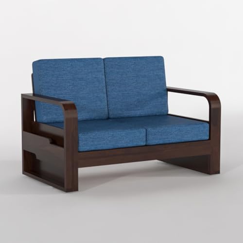 Image of Solid Sheesham Wooden 2 Seater Sofa for Living Room | Sofa with Side Pocket Storage & Cushion | Rosewood Sofa Set for Home (Walnut with Blue Cushion, 2 Seater)