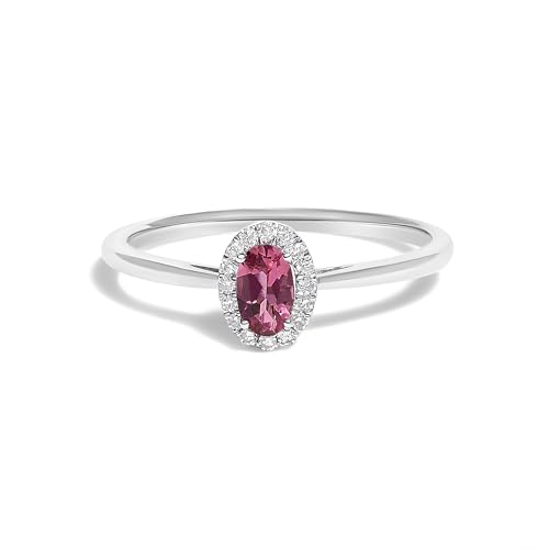 Haus of Brilliance 10K White Gold 5X3MM Oval Pink Tourmaline and Diamond Accent Halo Ring (I-J Color, I1-I2 Clarity) - Ring Size 7.5