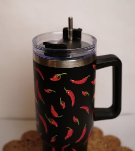 Image of 1200ML Stainless Steel Tumbler Hot and Cold with Handle and Lid and 2 Straws, Double Insulated Cup Leak Proof Mug Cupholder for Gym, Travelling (Red Chillis)