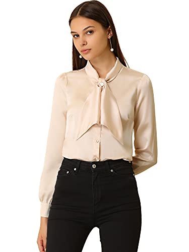 Allegra K Chemises boutonnées pour Femmes Chemisier en Satin à col Cravate Tops décontractés d'affaires Champagne S