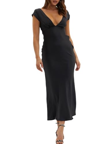 Image of Halfisland Womens Summer Satin V Neck Cap Sleeve Midi Dress Wedding Guest | 2026 Summer,Backless,Hollow Out,Long,Formal,Cocktail,Twist,Bridesmaid,Party,Baby Shower,Short Sleeve,Beach,Elegant,Evening