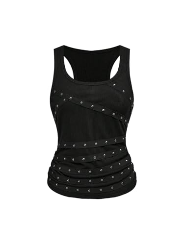 SOLY HUX Women's Punk Studded Ruched Tank Top Scoop Neck Sleeveless Fitted Grunge Tops Streetwear