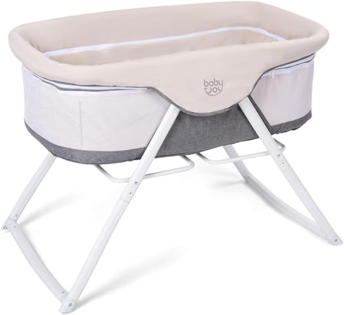 Image of BABY JOY Rocking Bassinet, 2 in 1 Lightweight Travel Cradle w/Detachable & Washable Mattress, Zippered Breathable Mesh Side, Oxford Carry Bag Included, Portable Crib for Newborn Baby (Beige + Gray)