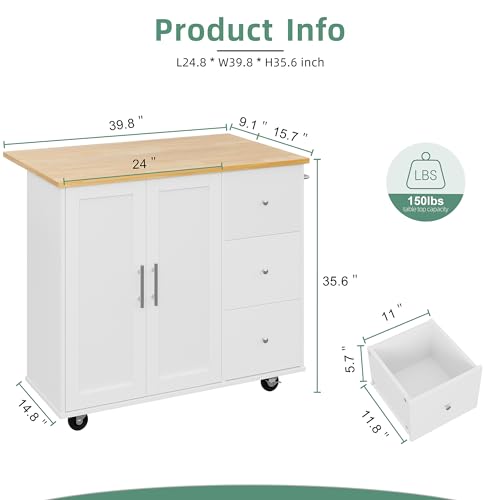 Shintenchi-Rolling-Kitchen-Island-Cart-with-Folding-Drop-Leaf-Breakfast-Bar-Portable-Trolley-Island-with-Large-Storage-Cabinet-Shelf-and-Drawer-White Shintenchi Rolling Kitchen Island Cart with Folding Drop Leaf Breakfast Bar Portable Trolley Island with Large Storage Cabinet Shelf and Drawer White