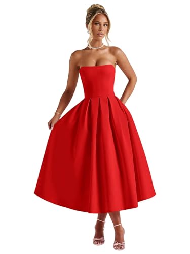 Verngo Satin Strapless Prom Dress for Women 2025 A Line Tea Length Formal Cocktail Party Gown with Pockets